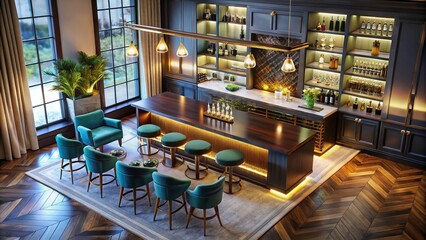 Elegant and stylish luxury modern home bar design with sleek furnishings and sophisticated lighting