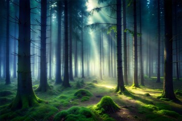 Fototapeta premium Magical forest with sun rays and fog