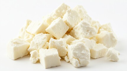 Chunks of feta cheese on a plain white surface.