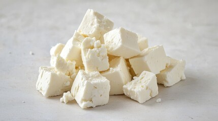 Chunks of feta cheese on a plain white surface.