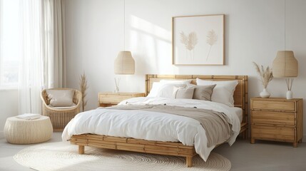 A cozy and modern bedroom featuring a wooden bed, soft linens, and warm accents, perfect for relaxation and comfort.