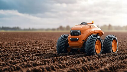 Obraz premium A sleek orange farming robot navigates a freshly plowed field under a cloudy sky, showcasing modern agricultural technology.