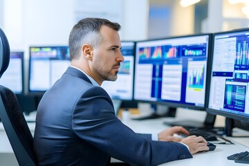 Fototapeta premium Focused businessman in suit analyzing complex market data and financial charts displayed on multiple computer monitors in a modern office setting.
