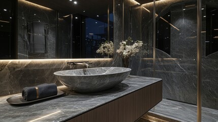The bathroom has a sink made of gray marble.