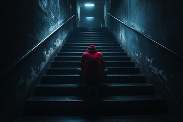 Man sitting alone on stairs wearing a red hoodie in a dark urban environment