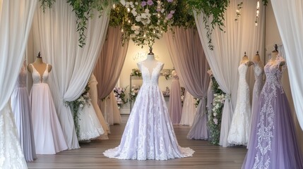 A luxurious bridal boutique with elegant purple wedding gowns on display.