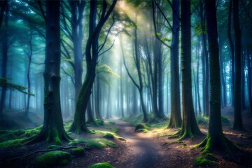 Obraz premium Sunlit path in misty forest with tall trees