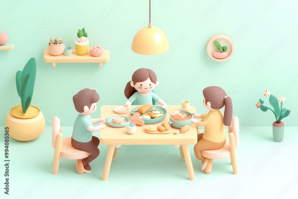 Poster A cheerful scene of three people enjoying a meal at a light, pastel-colored dining table.