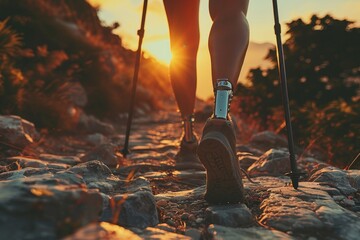 Golden Hour Hike Woman with Prosthetic Leg Conquering Mountain Trail, Determination and Adventure