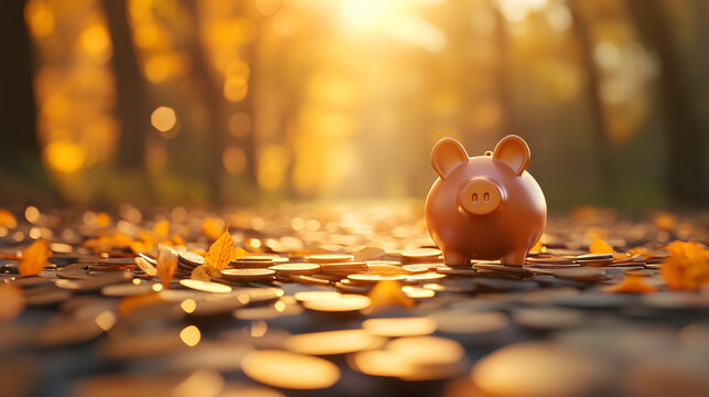 un cerdo de alcancia sobre un campo lleno de monedas en efectivo dinero y ahorro concepto de crecimiento economico