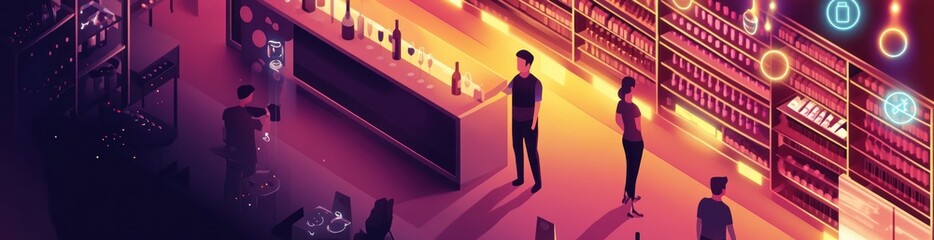 A vibrant bar scene with people interacting and a well-stocked shelf of bottles.