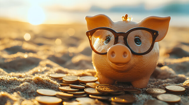 un fondo de playa sobre la arena hay monedas esparcidas con una alcancia de cerdo con lentes representando la ecoconmia las finanzas y el ahorro 