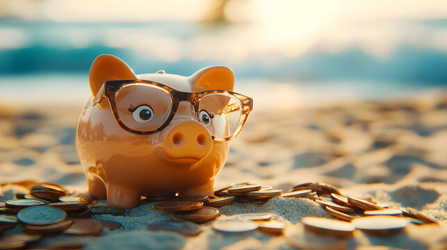 un fondo de playa con monedas y una alcancia de cerdo sobre la arena inversiones y finanzas crecimiento economico 