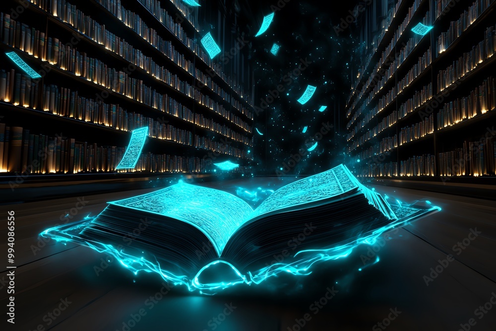 Poster A magical library with floating books and glowing scrolls, shelves stretching endlessly into the darkness, with a mystical aura surrounding the space