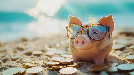 alcancia de cerdo con lentes sobre un fondo de monedas conun fondo de playa atras disfrutando de sus ahorros y abundancia en el dinero