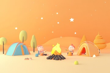 Two children camping by a fire with tents and trees under a starry sky.