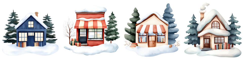 Charming winter houses with snow, featuring colorful facades and a cozy atmosphere. transparent background