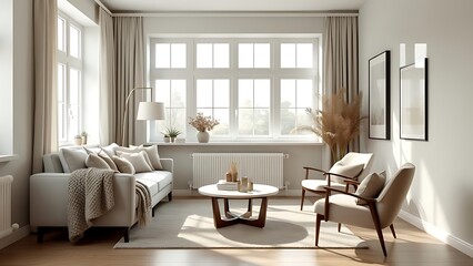 Fototapeta premium A Scandinavian-style living room with neutral tones, featuring minimalist furniture and natural elements. The cozy, light-filled space exudes simplicity, warmth, and modern elegance.