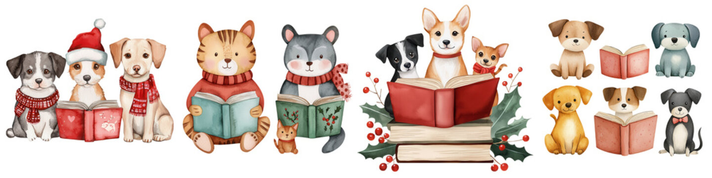 Cute animals reading books in festive attire on a white isolated background. transparent background