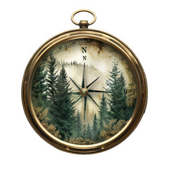 Antique compass is pointing north and showing beautiful pine forest inside