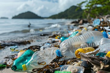 Plastic pollution Bottles and trash litter a scenic beach, impacting the ocean and marine life.