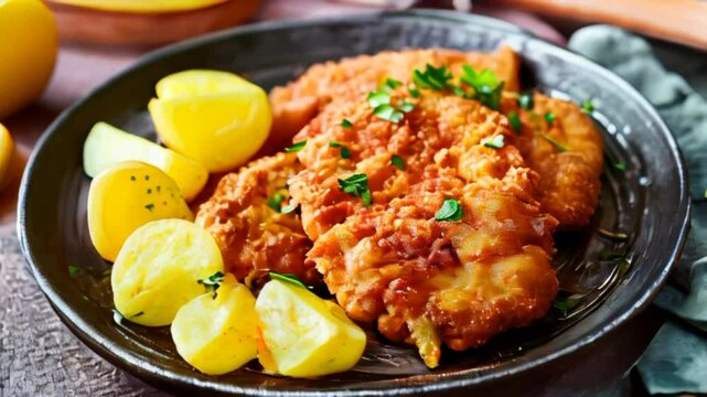 Video of delicious authentic breaded and deep-fried Wiener schnitzel served with lemon and boiled potatoes with parsley on a a plate