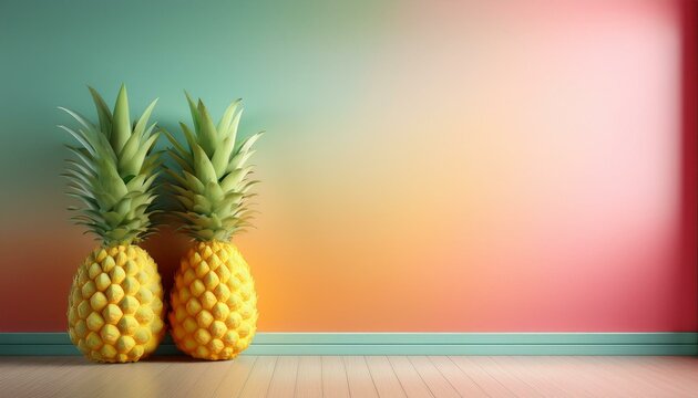 Two pineapples are placed side by side against a vibrant, gradient backdrop. Ideal for creative advertising, tropical-themed designs, or product marketing with a fun and fresh vibe.