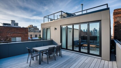 Modern rooftop terrace offering stunning city views; perfect for relaxation or social gatherings in an urban environment.