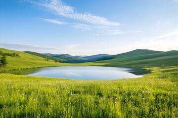 Obraz premium Serene Countryside Landscape with Vibrant Meadow Placid Lake and Soft Impressionist Lighting