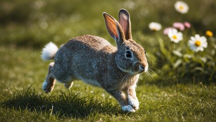 Rabbit running across green grass with flowers. Vibrant scene captures joy and energy in a natural setting, perfect for nature, wildlife, or animal themes.