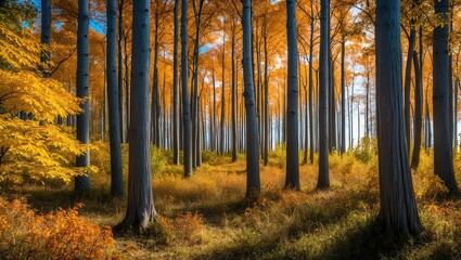 Obraz premium Vibrant autumn forest with golden foliage creating a tranquil atmosphere, perfect for relaxation and outdoor adventures among nature.