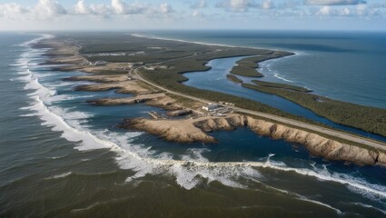 Fototapeta premium Aerial view showcasing stunning coastal landscape with winding rivers, lush greenery, and vibrant waves crashing against sandy shores under a clear sky.