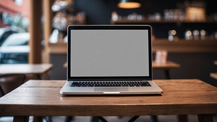 Modern laptop on wooden desk in cozy café, ideal for remote work, productivity, and casual meetings in stylish, inviting atmosphere.