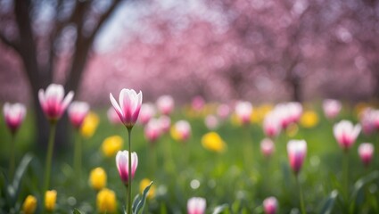 Fototapeta premium Colorful tulips bloom in a serene garden, reflecting the vibrant beauty of spring. A peaceful outdoor setting perfect for nature lovers.