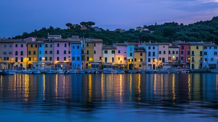 Obraz premium A mystical evening at Porto Venero, with lanterns and colorful houses by the tranquil harbor.