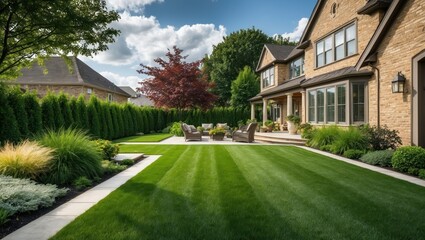 Obraz premium Beautifully landscaped backyard featuring lush green lawn, elegant furniture, vibrant trees, and inviting patio, perfect for relaxation and outdoor gatherings.