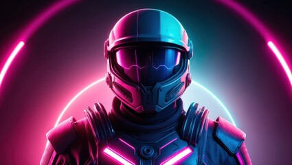 Futuristic helmeted character exuding a vibrant neon glow in sci-fi style. Perfect for technology, gaming, and virtual reality concepts.