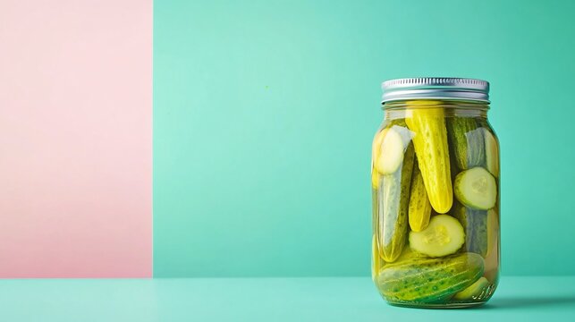 a jar of pickels on pastel color background