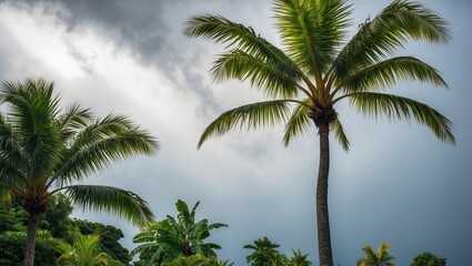 Obraz premium Tropical landscape featuring tall palm trees under a dramatic sky, ideal for relaxation and vacation concepts.