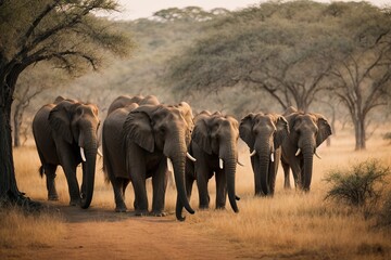 Obraz premium travel savannah elephant herd illustration park nature