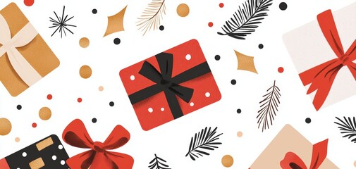 Colorful Christmas gifts with bows and festive decorations on a white background.