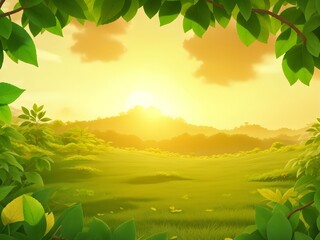 Fototapeta premium Spring background Green leaves on natural background with sun rays and copy space.