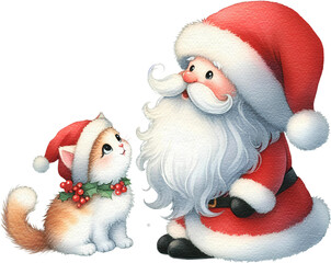 Christmas Santa Claus kitten cat watercolor painting cutout png clip art transparent background