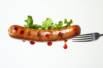 Flying sausage with ketchup on fork  white background.
