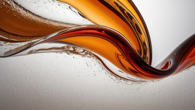Vibrant amber liquid swirling dynamically, showcasing smooth textures and bubbles, ideal for themes of refreshment and creative drink presentations.