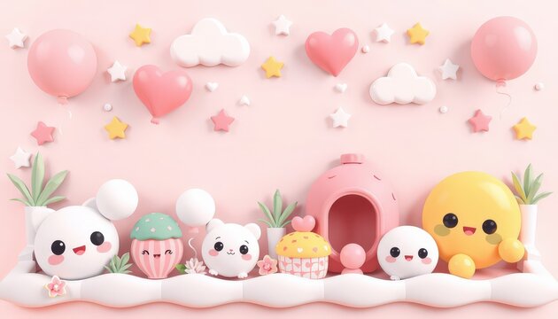 Fototapeta Cute cartoon characters on a pink background with balloons and hearts.