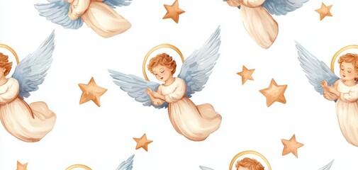 Soft watercolor angels and stars pattern on a white background, perfect for festive designs and decorations.