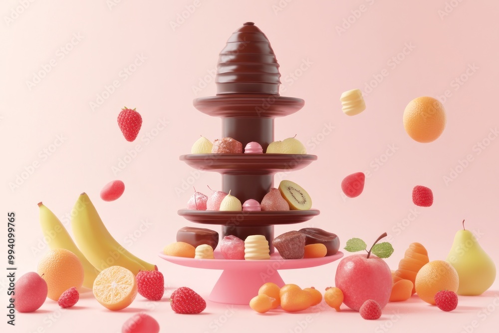 Wall mural A colorful chocolate fountain surrounded by various fruits and sweets on a pink background.