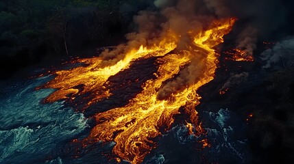 Lava flow cascading into the ocean with smoke rising and vibrant colors.