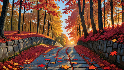 Stunning Autumn Forest Path with Stone Wall and Sunbeams